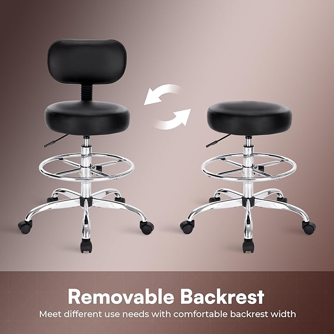 SUPERJARE Drafting Chair with Back, Adjustable Foot Rest Rolling Stool, Multi-Purpose Office Desk Chair, Thick Seat Cushion for Home Bar Kitchen Shop - Black