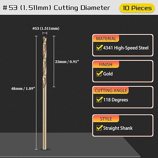Drill Bit, #53 Cutting Diameter, 4341 HSS Gold Finish 118° Cutting Angle Number Jobber Bits - (Applications: for Drilling Soft Metal Plastic Wood), 10-Pieces
