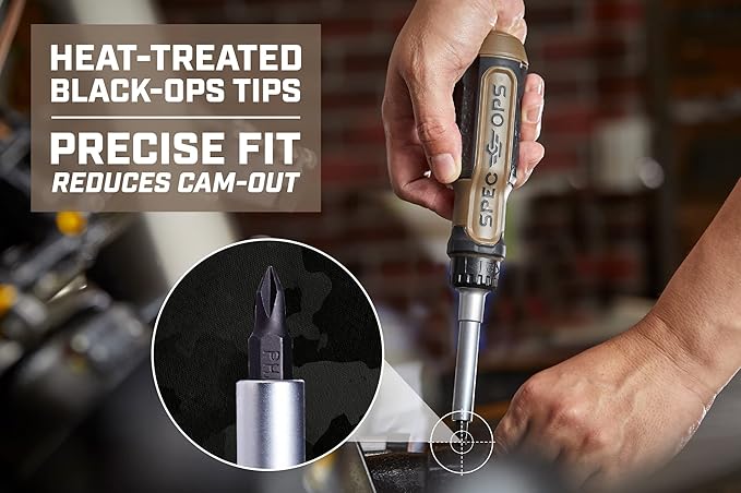 Spec Ops Tools Ratcheting Screwdriver, 12-in-1, Includes 6 Double-Sided S2 Steel Bits, Magnetic, Cr-Mo Steel Shaft, 3% Donated to Veterans Flat Dark Earth/Black