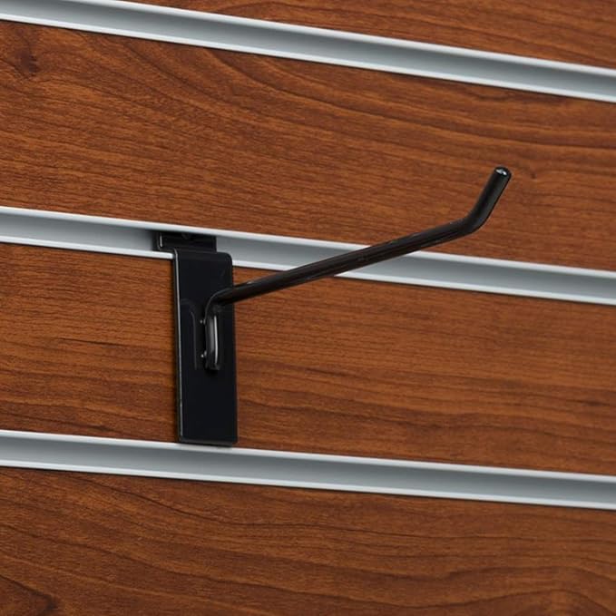 KINGDOM SOLUTIONS – 16-Pack Black Metal Slatwall Hooks (8X 4, 8X 6) – Heavy-Duty Slat Wall Accessories for Garage Organization, Retail Displays & Tool Storage Systems