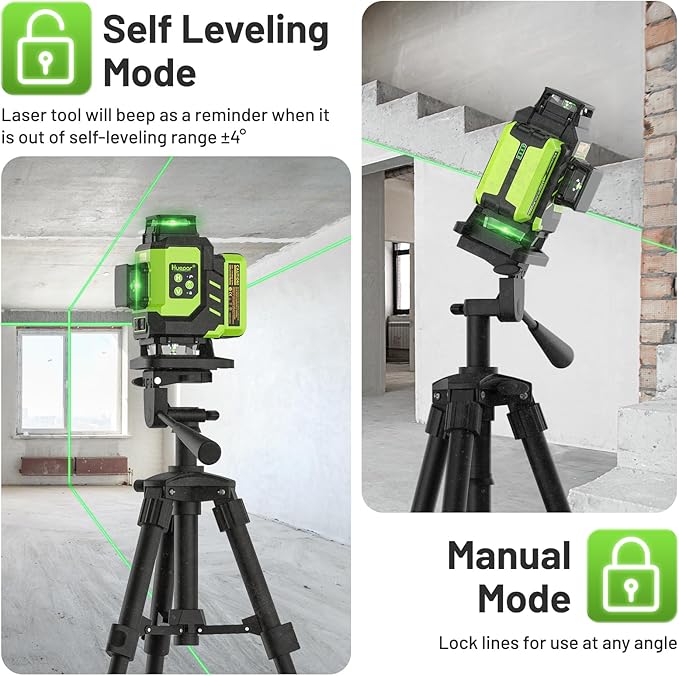 Huepar Laser Level, Self-leveling 16 Lines Green Beam 4D Cross Line Tiling Floor Laser Tool-2 x 360 Horizontal & 2 x 360 Vertical Laser Lines with Two Li-ion Batteries and Hard Carry Case-LS04CG