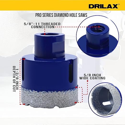 Drilax Pro Series 2 Inch Diamond Hole Saw for Angle Grinders | 1-3/8" Depth | 5/8"-11 Thread | Fast & Dry Drilling for Large Conduit, Pipes, Access Holes | Long Life