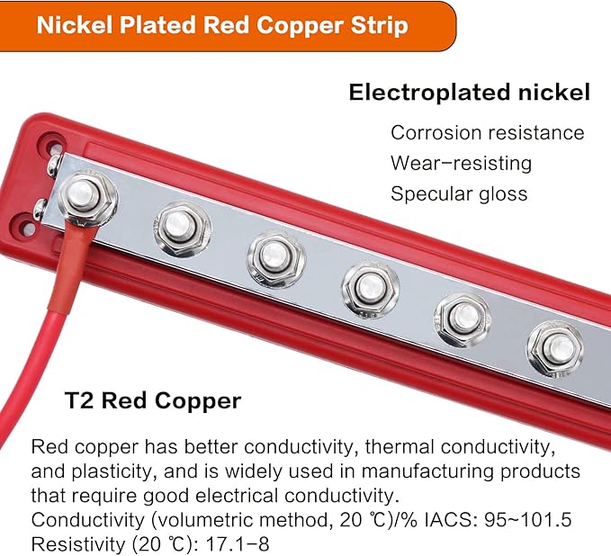 600 A High Current Copper Bus Bar 300V AC / 48V DC 8 Way 3/8 inch (M10) Studs 8#8-32 Screws Electrical Terminal Ground Distribution Block Battery Buss Bars with Cover (Red)