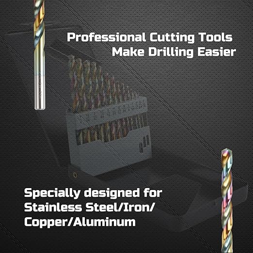 Lichamp Drill Bit Set, 21Pcs M2 HSS Cobalt Drill Bits from 1/16" to 3/8" for Metal, Cast Iron, Stainless Steel and Plastic with Durable Index Metal Storage Case, Colorful Titanium Plating