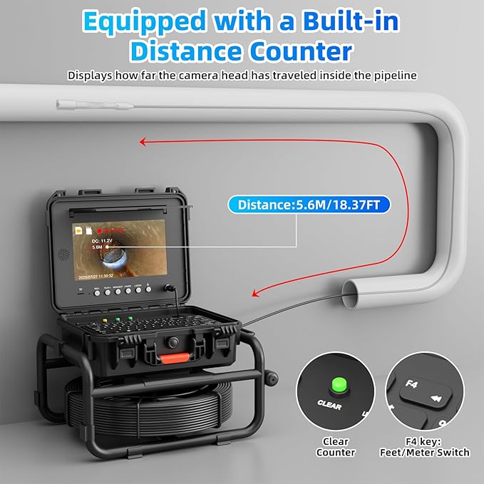 Sanyipace Sewer Camera 165FT/50M with 512Hz Transmitter, Self-Leveling, Distance Counter, Plumbing Inspection Cámara with Microphone Speaker Audio Video Record, 32GB TF Card, Pipe Pulley (7mm Cable)