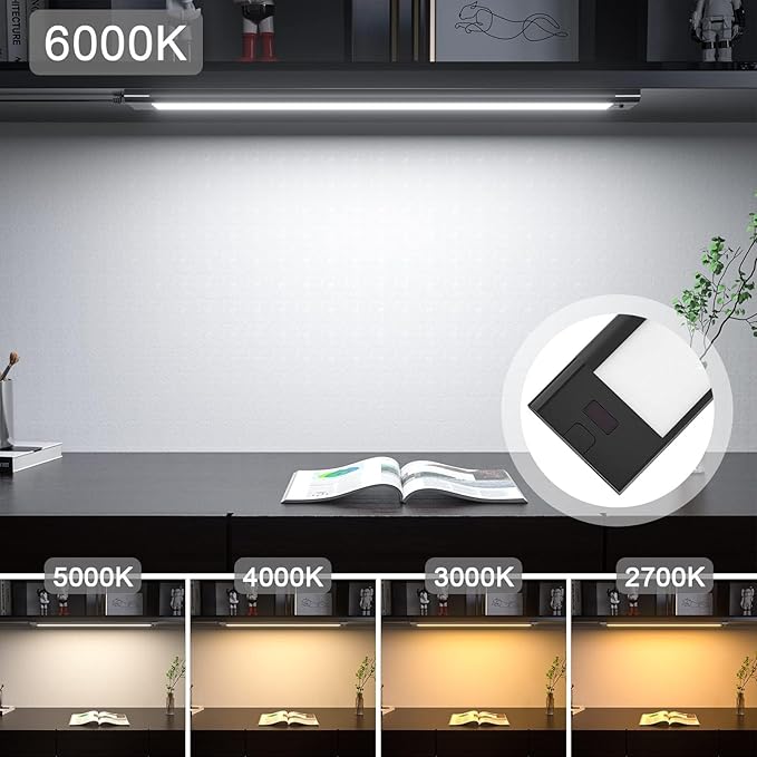 WOBANE Under Cabinet Lighting,Dimmable Counter Lights for Kitchen with 5 Color,Wireless Hand Wave Activated,Plug in LED Light Bar for Kitchen,Shelf,Pantry,Workbench,16.5 inch,800LM,Black