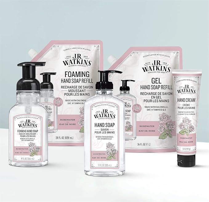 J.R. Watkins Foaming Hand Soap with Pump Dispenser, Moisturizing Foam Hand Wash, All Natural, Alcohol-Free, Cruelty-Free, USA Made, Rosewater, 9 fl oz, 3 Pack