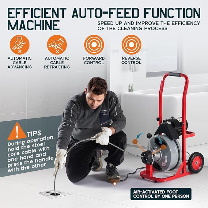 Albott 100 FT x 1/2 inch Electric Drain Cleaner Machine with Auto-Feed & 10 Cutters, Sewer Snake Auger for 1–4 Inch Pipes, Foot Switch & Wheels, Ideal for Home & Commercial Use, Gray/Red