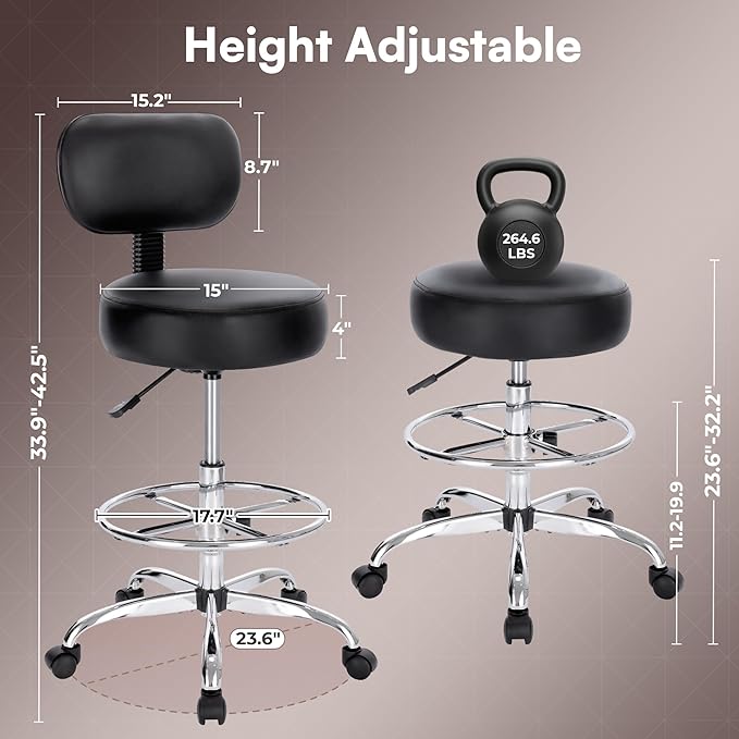 SUPERJARE Drafting Chair with Back, Adjustable Foot Rest Rolling Stool, Multi-Purpose Office Desk Chair, Thick Seat Cushion for Home Bar Kitchen Shop - Black