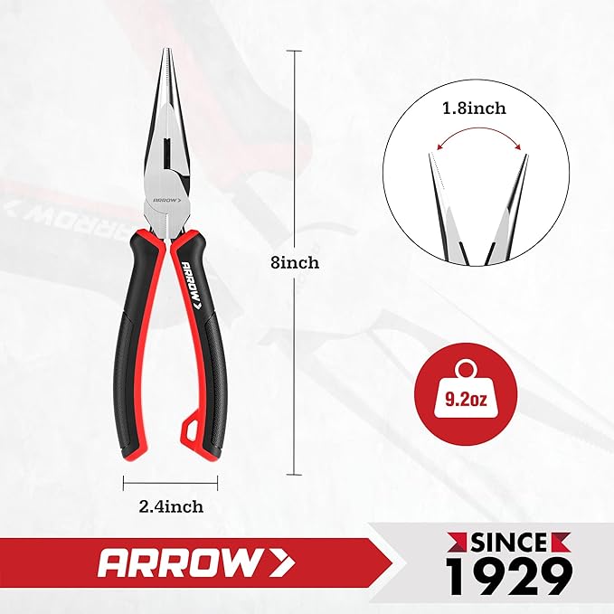 ARROW Needle Nose Pliers, 8-inch Long Nose Cutting Pliers with Wire Cutter, Comfortable TPR Handle, High Carbon Steel, High Leverage Diagonal Design
