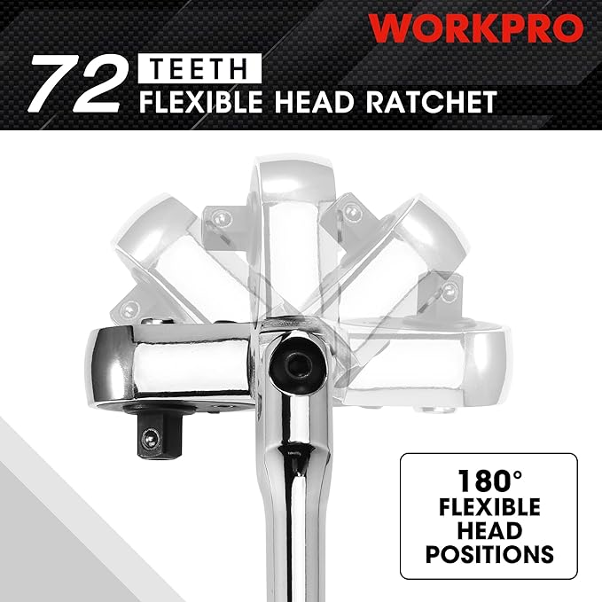 WORKPRO 3/8" Drive 72-Tooth Flex Head Ratchet with Chromium Plating Quick Release Reversible Design, 5 Degree Swing