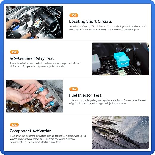 VDIAGTOOL V500 Pro Automotive Circuit Tester, Power Circuit Probe Tester Breaker Finder Tool, 9/30V Electrical Open Short Circuit Finder, Multimeter/Oscilloscope/Relay/Injector Test