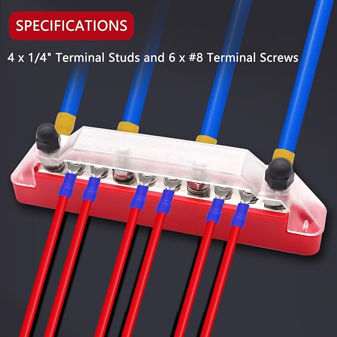 150A 12V Bus Bar Marine, 1/4" Power Distribution Block, Battery Buss Bar, Automotive Busbar Terminal Block for Car and Boat, 4 x 1/4" (M6) Posts, 6 x #8 (M4) Screws Terminals (Black+Red)
