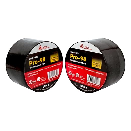 Avery Dennison Electrical Tape, Professional Grade PVC Electric Tape, UL/CSA Listed Insulating Vinyl Tape for Electrical, Repairs, Automotive and Equipment, Pro-98, 2 in x 66 ft, Black, 1 Roll