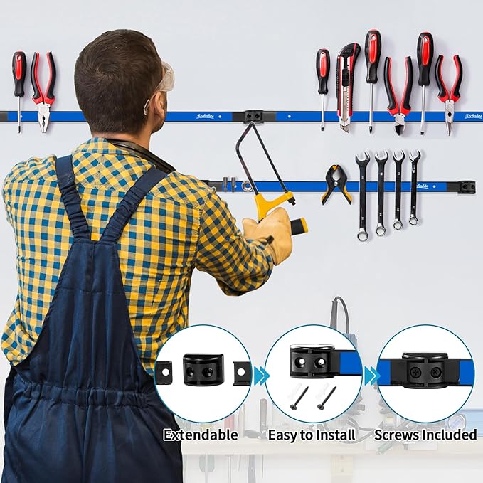 4 Pieces 12" Magnetic Tool Holder Strip, Blue Magnet Bar, Metal Tool Organizer Rack for Garage Organization, Easy To Install in Workshop, Mounting Screws Included