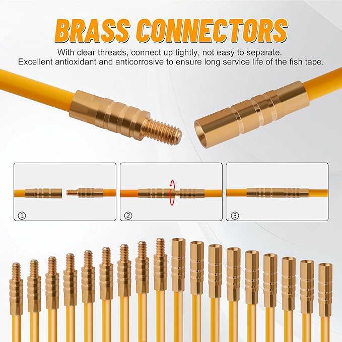KOOTANS 11FT Fiberglass Running Electrical Wire Cable Glow Rods Wire Pulling Tools Fish Tape Cable Puller Through Wall Snake Fish Rods Kit with Different Attachments