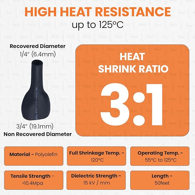 SELTERM 3/4" Black [50 Feet] Marine Grade Heat Shrink Tubing Roll, 3:1 Ratio Dual Wall Adhesive Lined Waterproof Heat Shrink Wrap Tube, for Battery Cable Lugs Wire Terminals Connectors