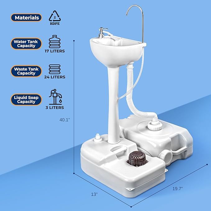 SereneLife Portable Hand Wash Sink, 24L Waste Tank, Rolling Wheels, Quick Assembly Outdoor Sink With Hands Free Foot Pump and Soap Dispenser, Ideal for Outdoor Events, Camping, Boating and Worksites