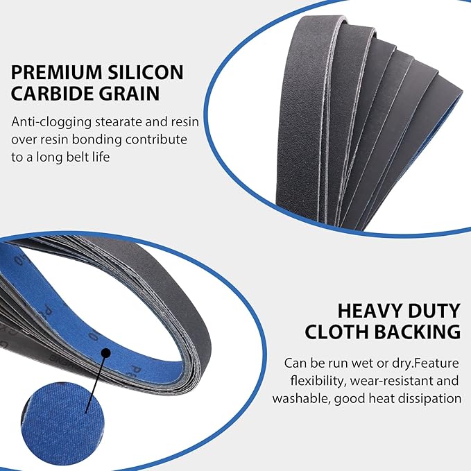 Taokyid 18 Pack 1 x 42 Inch Sanding Belts, 1x42 Silicon Carbide Sanding Belts, 3 Each of 120 240 400 600 800 1000 Grits Sander Belts for For Knife Sharpening and Metalworking, 1x42 Sanding Belts