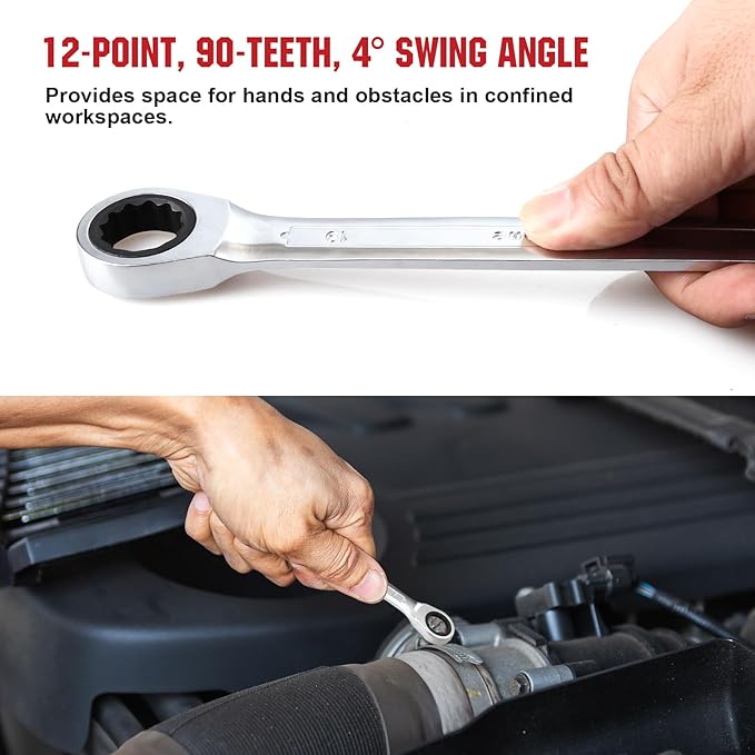 12pcs Ratchet Combination Wrench Set Metric And Standard, Ratcheting Wrench Set with Organizer Box, 12 Point Wrench Se t, Cr-V Constructed, 90-Teeth, Metric 8mm-19mm