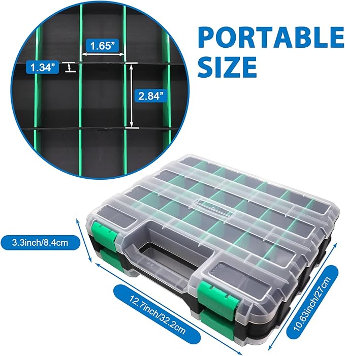 Double Side Tool Box Organizer, Hardware Storage Box, Portable Small Parts Organizer with Removable Plastic Dividers for Screws, Nuts, Nails, Bolts, Green