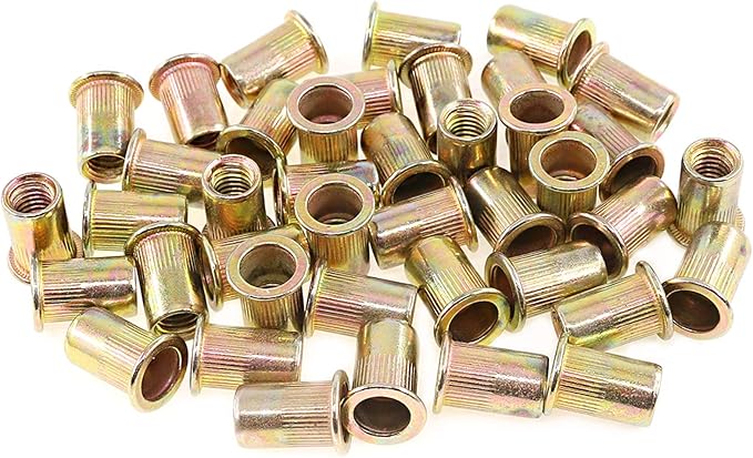 Keadic 100Pcs M8 Rivet Nuts Metric Zinc Plated Rivet Nut Carbon Steel Rivet Nut Flat Head Threaded Insert Kit Threaded Rivet Insert Nutsert Rivnuts Kit for Furniture