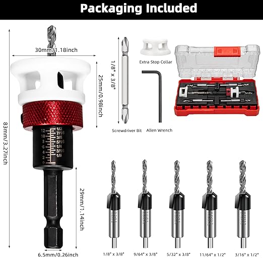 Countersink Drill Bit Set, Upgraded Larger Depth Stop, 5 PCS Replaceable HSS M2 Tapered Head, a Screwdriver Bit and a Wrench, 1/4" Hex Shank Counter Sink Drill Bit for Wood