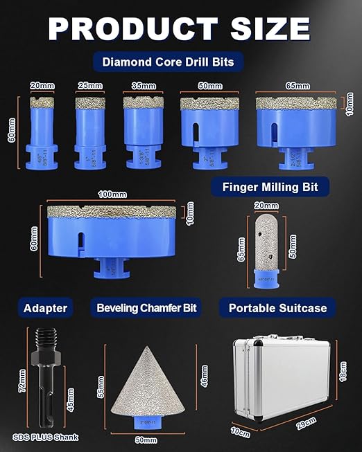 Diamond Tile Hole Saw Kit - 9Pcs 4/5'', 1'', 1-3/8'', 2'', 2-1/2'', 4'' Drill Bits Set, 4/5'' Finger Milling Bit, 2'' Beveling Chamfer Bit, SDS Adapter for Porcelain Tile Ceramic Granite Marble