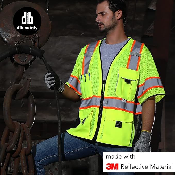 Dib Safety Reflective Mesh Vest ANSI Class 3, High Visibility with Pockets and Zipper, Made with 3M Reflective Tape, Yellow 4XL