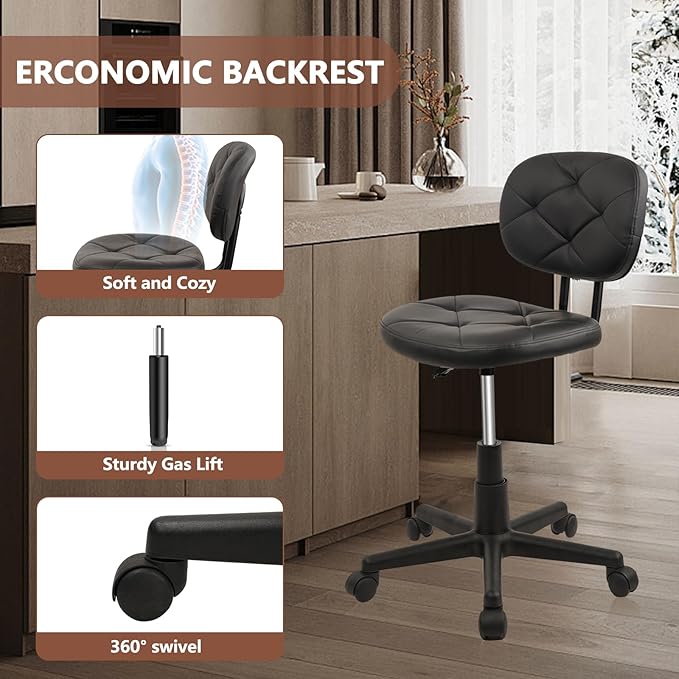 Round Rolling Stool with Adjustable Height and Pu Leather Backrest Swivel Stool Chair for Salon Tattoo Work Office Massage Black