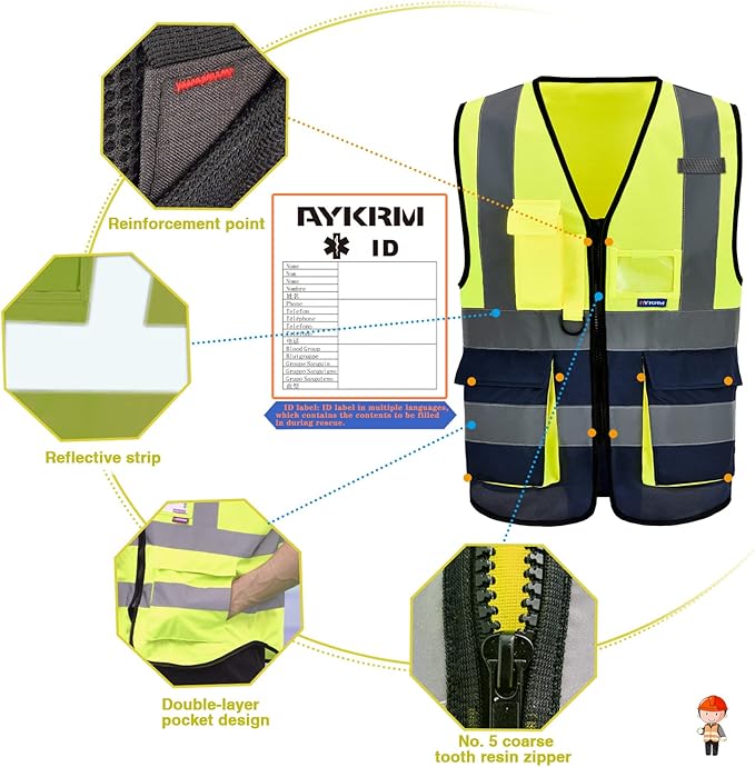 A-SAFETY Protective Reflective Safety Vest Workwear, 7 Pockets Hi Vis Durable Vest with Reflective Tapes, 4 Lower Pockets, Yellow&Navy, XL