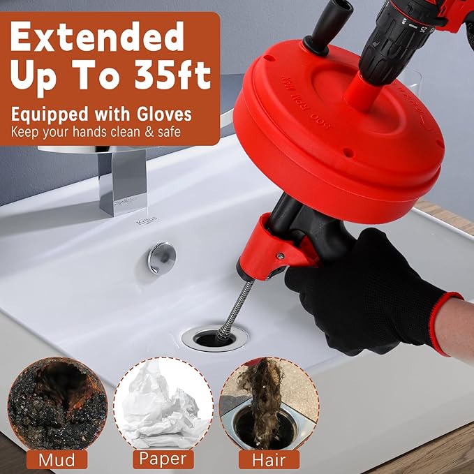 35 FT Double Mode Drain Snake Tools, 11-in-1 Drain Auger for Sink and Drain Unblocking, Plumbing Snake for Kitchen, Bathrom and Shower Sink, Snake for Real DYIs【Upgraded】