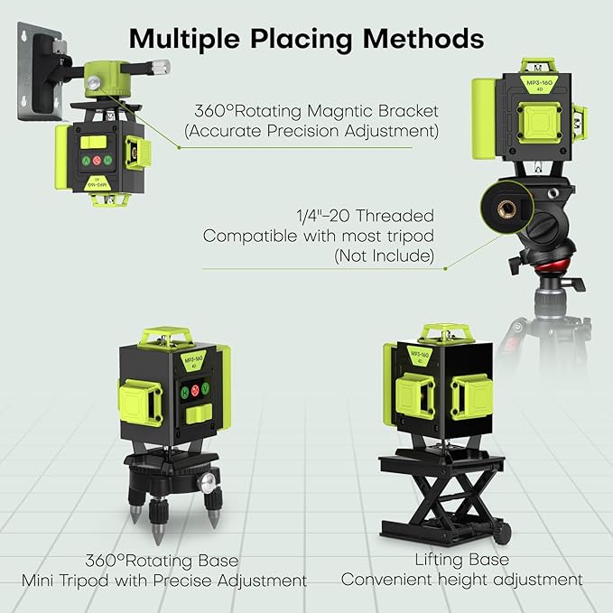 16 Line Laser Level 360 Self Leveling,4x360° Professional 4D Cross Line Green lazer Level with 2 Batteries for Construction and Picture Hanging,Adjustable Brightness Magnetic Bracket,Remote Control