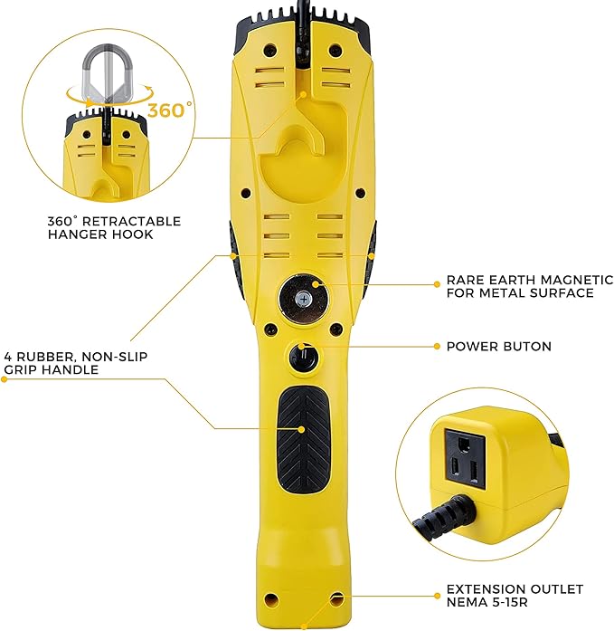 Portable Corded LED Work Light with Outlet in Handle, COB LED, 1600 Lumen 6ft 116AWG 3C SJTW Cord Handheld Outdoor Work Light, Magnetic on Back
