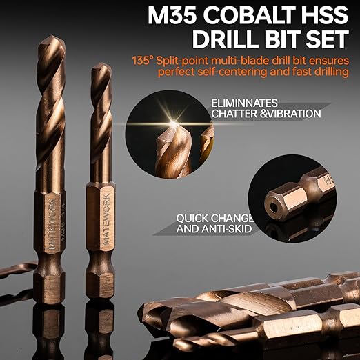 M35 Cobalt Stubby Drill Bits, 6PCS Short Drill Bits for Metal, 1/4" Hex Shank with Storage Case, Sizes 3/32"-1/8"-3/16"-1/4"-5/16"-3/8" Cobalt Drill Bit Set for Hardened Steel Carbide Wood Plastic