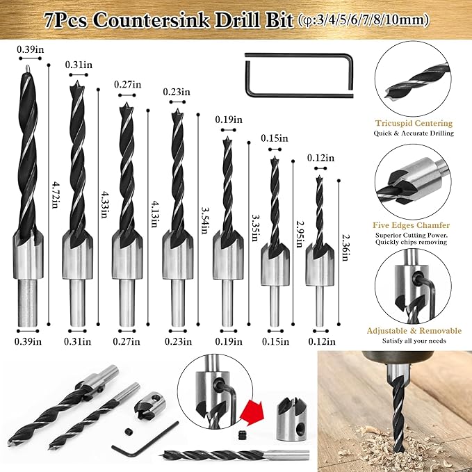 LAMPTOP 47 Pcs Woodworking Tools and Accessories, Including Countersink Drill Bit Set, Wood Plug Cutter, Step Drill Bit, Saw Blades, Drill Stop Bit Set, Long Twist Drill Bit, L-Wrench, Center Punch