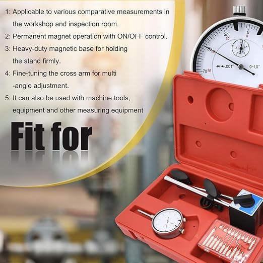 Dial Indicator with Magnetic Base and Point Precision Inspection Set, Dial Test Indicator Long Arm 0-1" Professional Gauge 0.001", Magnetic Dial Indicator Base Holder with Fine Adjustment, by NAKAO