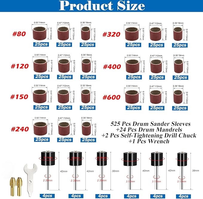 Tnisesm 552Pcs Aluminum Oxide Sanding Drum Set,Including 525 Pieces 80 120 150 240 320 400 600 Grit Drum Sander Sanding Sleeves and 24 Pieces Drum Mandrels for Dremel Rotary Tool,Sanding Drums
