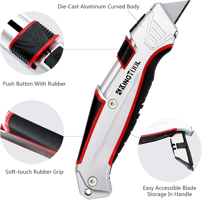 KingTool Self-Retracting Box Cutter with Holster & Belt Clip, Auto Retractable Safety Utility Knife with Total 10PCS SK5 blades, Aaluminum Shell with Rubber Grip, Sturdy & Strong