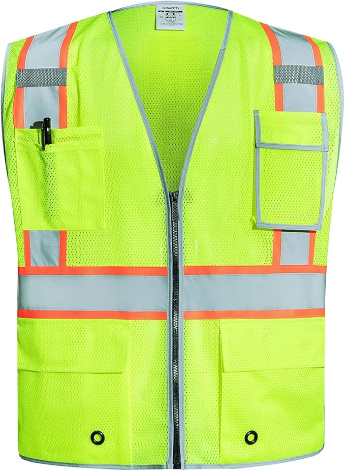 SKSAFETY 10 Pockets Safety Vest, Class 2 High Visibility Security with Zipper Double-sided mesh, Hi Vis Vest with Reflective Strips, ANSI/ISEA Standard, Construction Work Vest （Lime, M