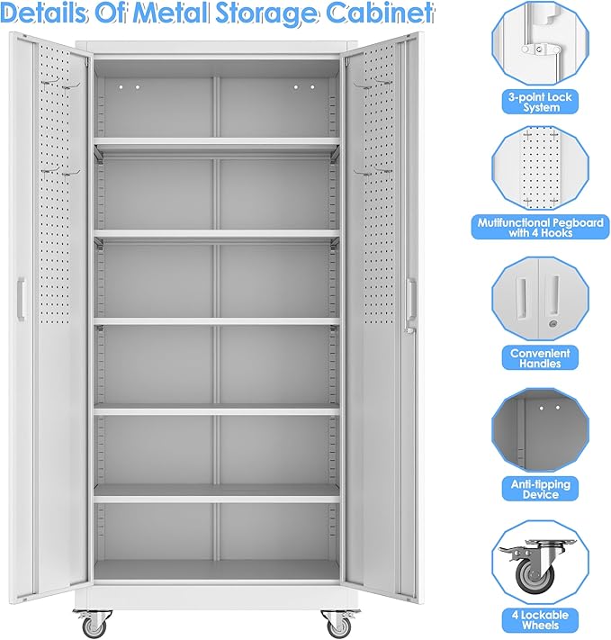 Aobabo Upgrade 71H''*32''W*16''D Metal Garage Storage Cabinet with Wheels and Pegboards, 5 Adjustable Shelves Steel Storage Cabinets for Home,Warehouse,Garage,Assembly Required,White