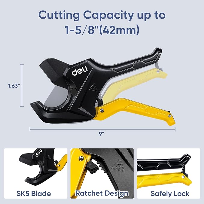 DELI PVC Pipe Cutter, Up to 1-5/8", Ratchet Pipe Shears Heavy-Duty, Pex Cutting Tool for Cutting PEX, PVC, PPR Plastic Hoses and Plumbing Pipe