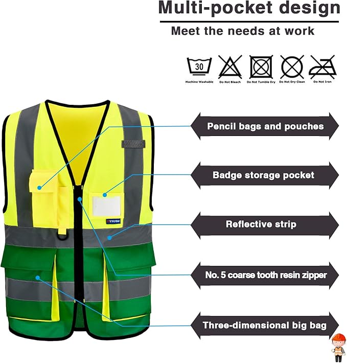 A-SAFETY Reflective Safety Vest, Hi Vis 9 Pockets High Visibility Zipper Front Safety Vest, Yellow&Green Color Mixed, L