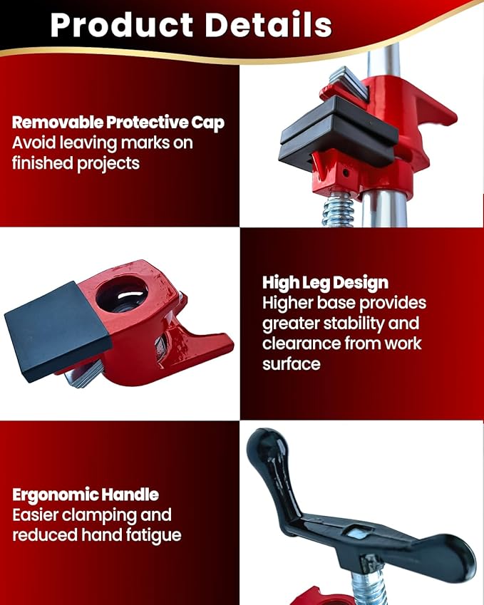 Pipe Clamps 3/4 inch 6 Pack Pipe Clamp with Unique Foot Ideal for Carpentry, Home Improvement, and DIY Projects Wood Gluing Clamps (Red, 3/4 IN with Pads)