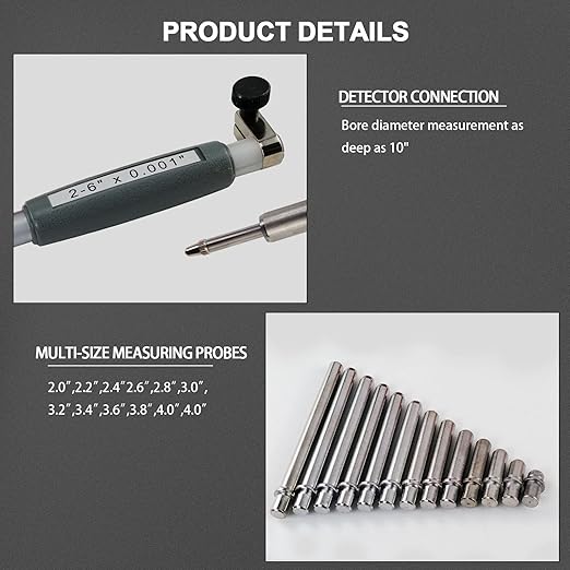 Dial Indicator Bore Gage 2" - 6" Range(0.001"), Dial Indicator Bore Gage Gauge, Stem Length 6'' with Carbide anvils (2"-6" Range