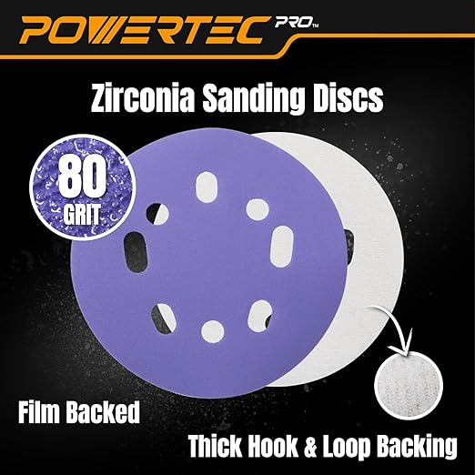 POWERTEC PRO 50PK, 5 Inch Sanding Discs Hook and Loop, 80 Grit, Zirconia Orbital Sander Sandpaper for 5 & 8 Hole Random Orbital Sanders - Automotive, Paint, Metal, Woodworking (45308Z-50)