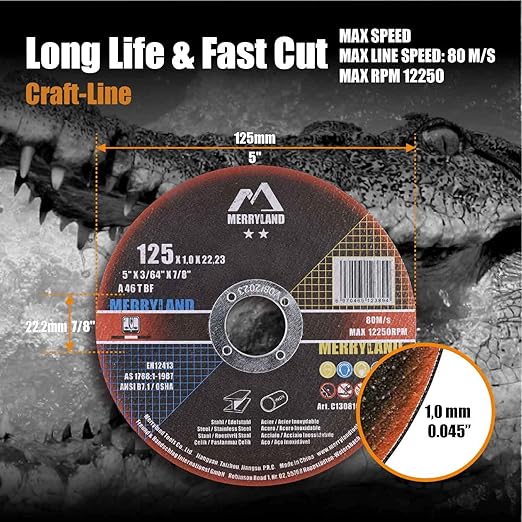 Merryland 5 Inch Metal Cutting Wheel, Stainless Steel, Iron, 50 Pack, C13081042, Angle Grinder Compatible