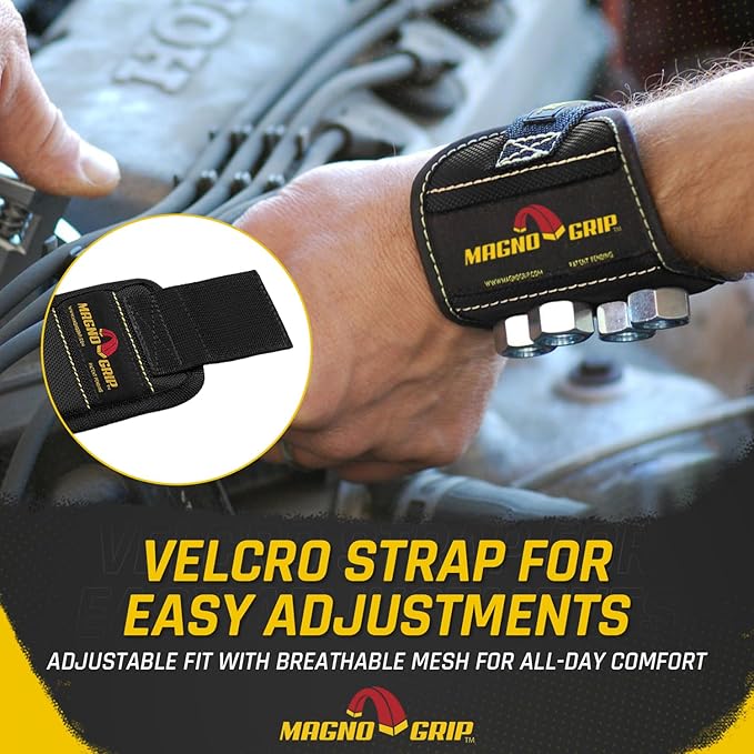 MagnoGrip Magnetic Wristband for Holding Screws, Nails, Drill Bits, Super Strong Magnets, Adjustable Strap, Essential Tool for DIYers, Handyman, Mechanics, Construction & Home Improvement - Black