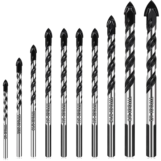 Professional Masonry Drill Bit Set (10PCS) for Glass/Brick/Plastic/Cement/Wood/Tile/Etc, Industrial Strength Carbide Drill Bit Tip, 1/8"-1/2" by TITGGI