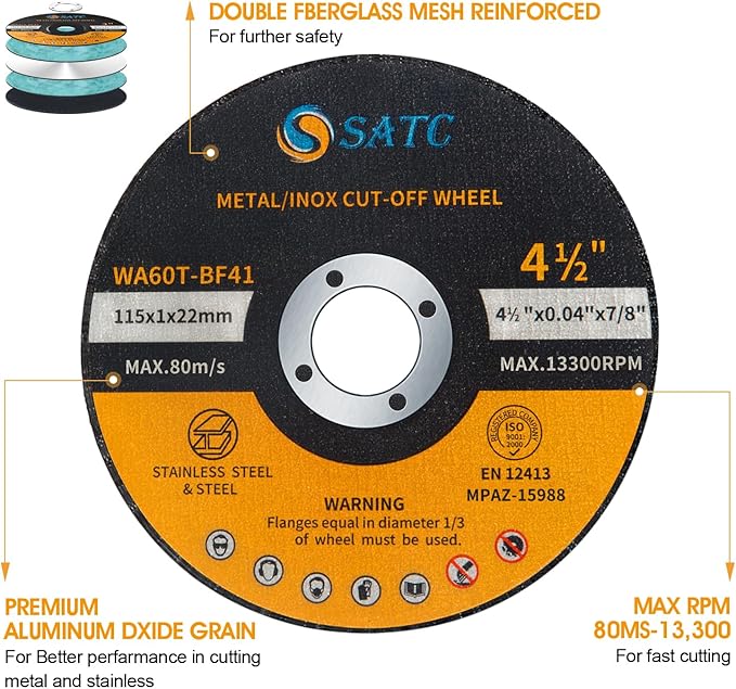 S SATC 100 PCS Cut Off Wheel 4.5" x.040 x7/8" Angle Grinder Cutting Disc Ultra Thin Metal & Stainless Steel